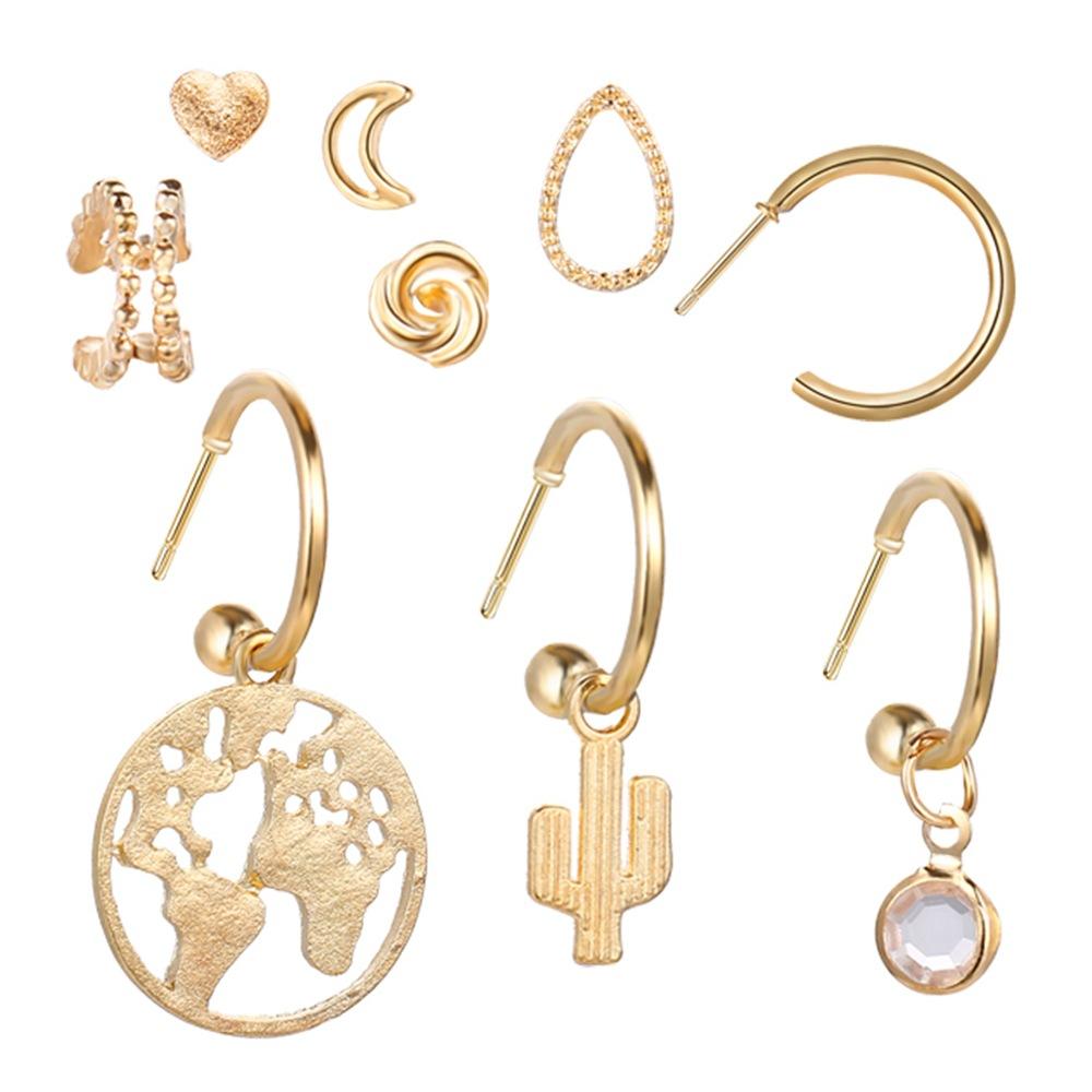 A beautiful 9 piece earring set featuring various styles, all crafted in 18K gold plating, showcasing Italian craftsmanship.