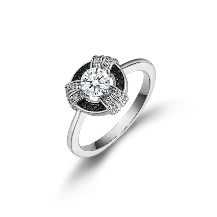 Elegant 925 silver ring for women featuring white sapphire and black spinel, finished with real white gold.