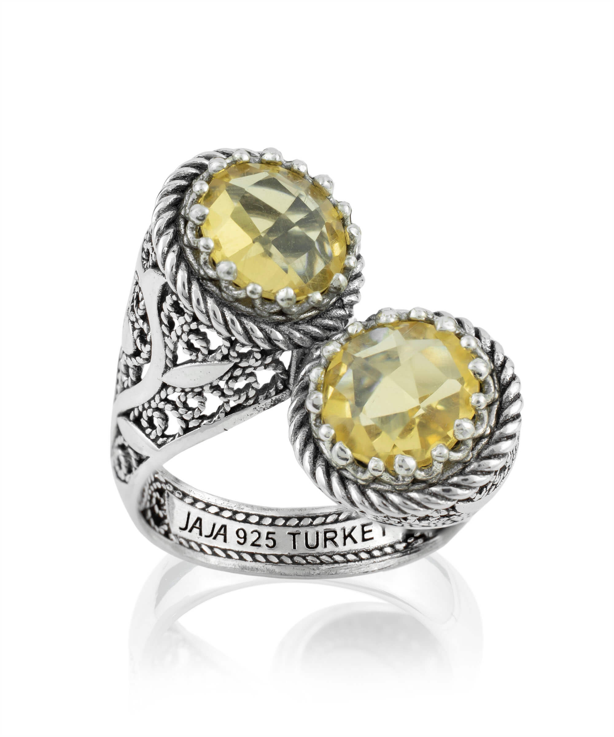 Elegant 925 Sterling Silver Women's Bypass Ring featuring a vibrant Citrine gemstone with intricate filigree design.