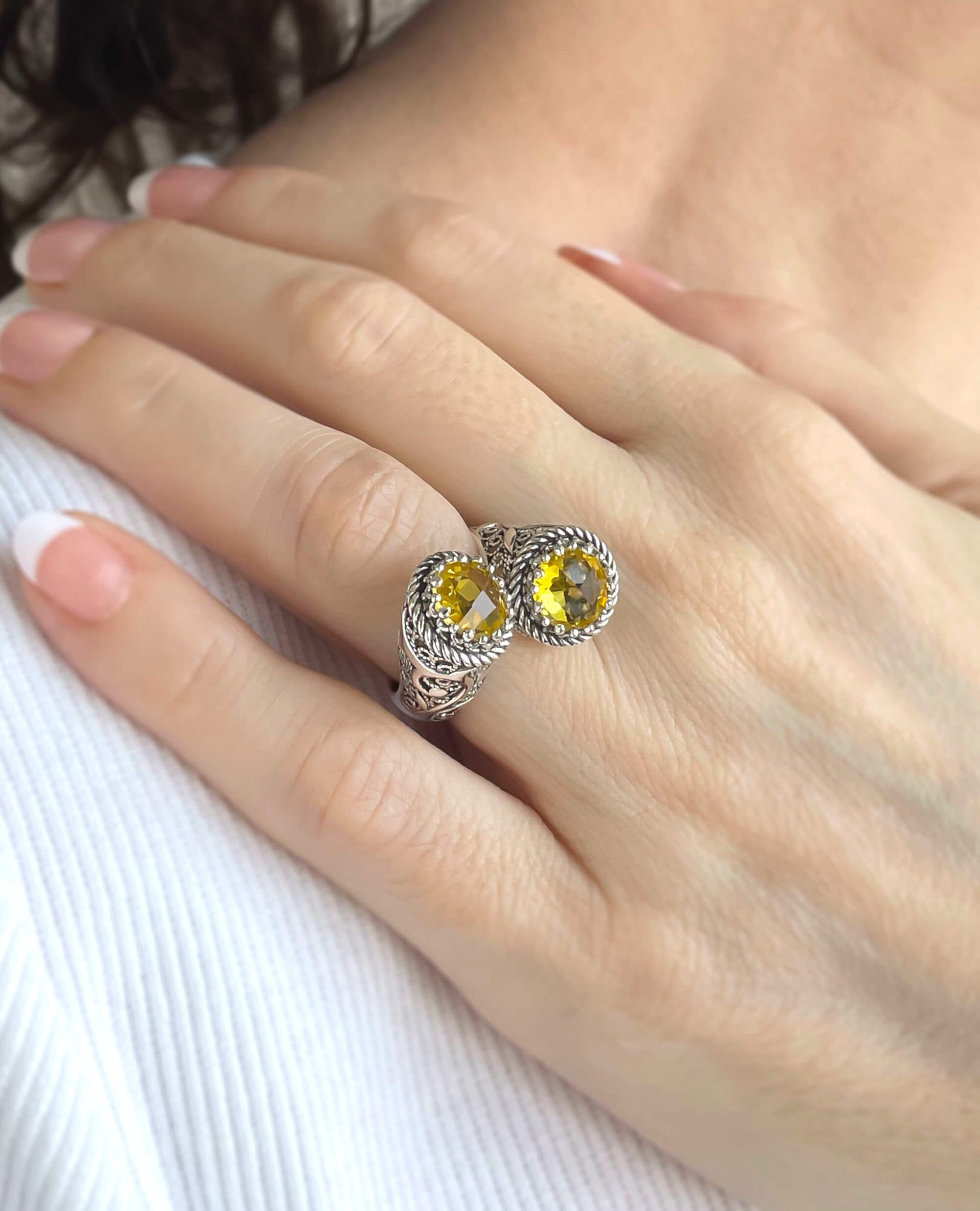 Elegant 925 Sterling Silver Women's Bypass Ring featuring a vibrant Citrine gemstone with intricate filigree design.