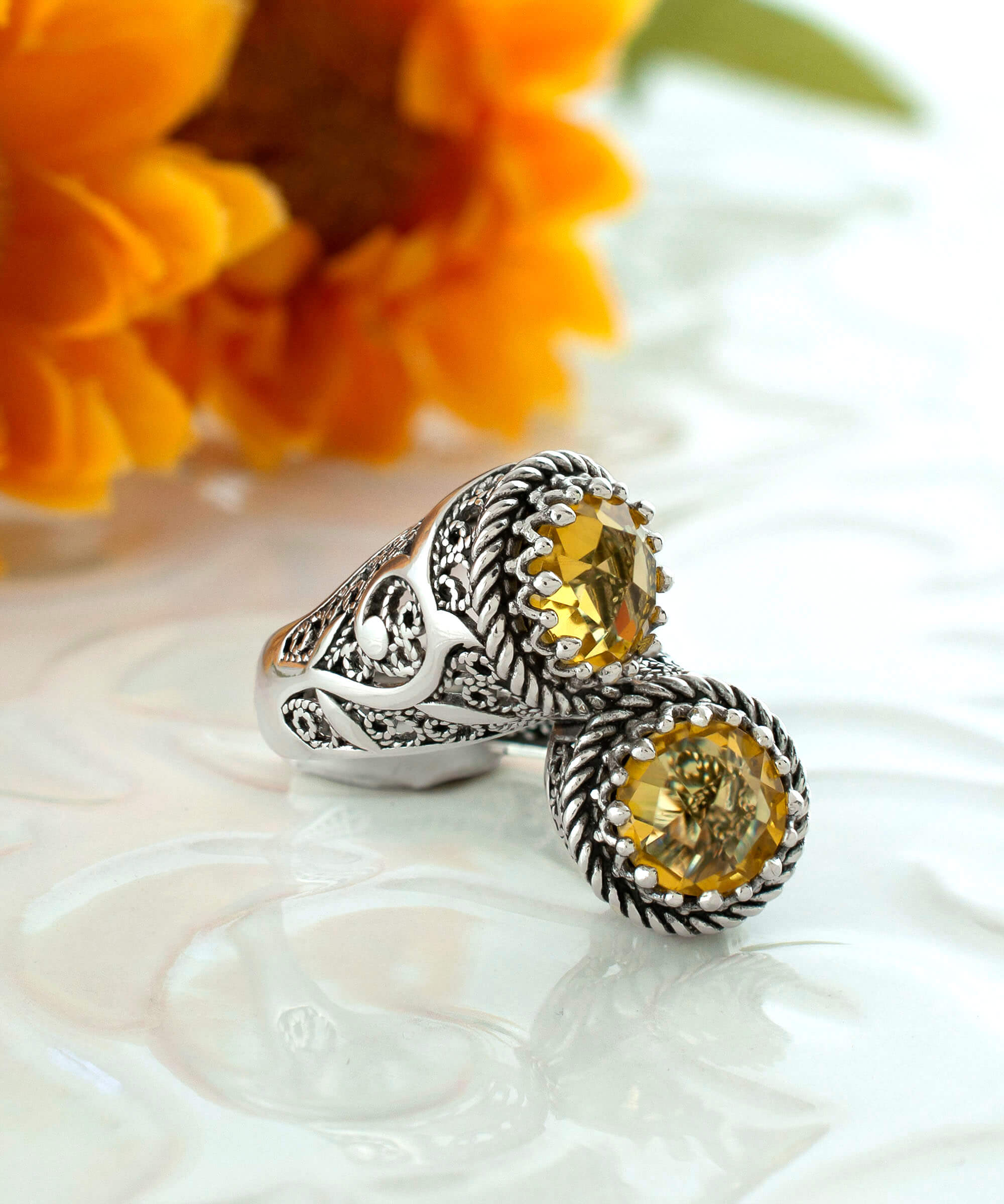 Elegant 925 Sterling Silver Women's Bypass Ring featuring a vibrant Citrine gemstone with intricate filigree design.