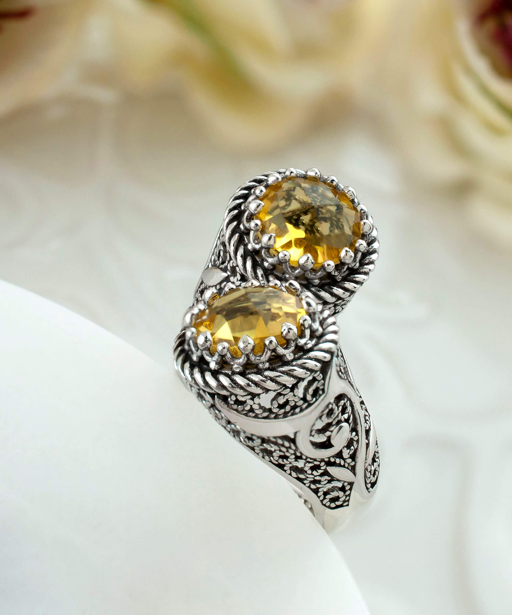 Elegant 925 Sterling Silver Women's Bypass Ring featuring a vibrant Citrine gemstone with intricate filigree design.