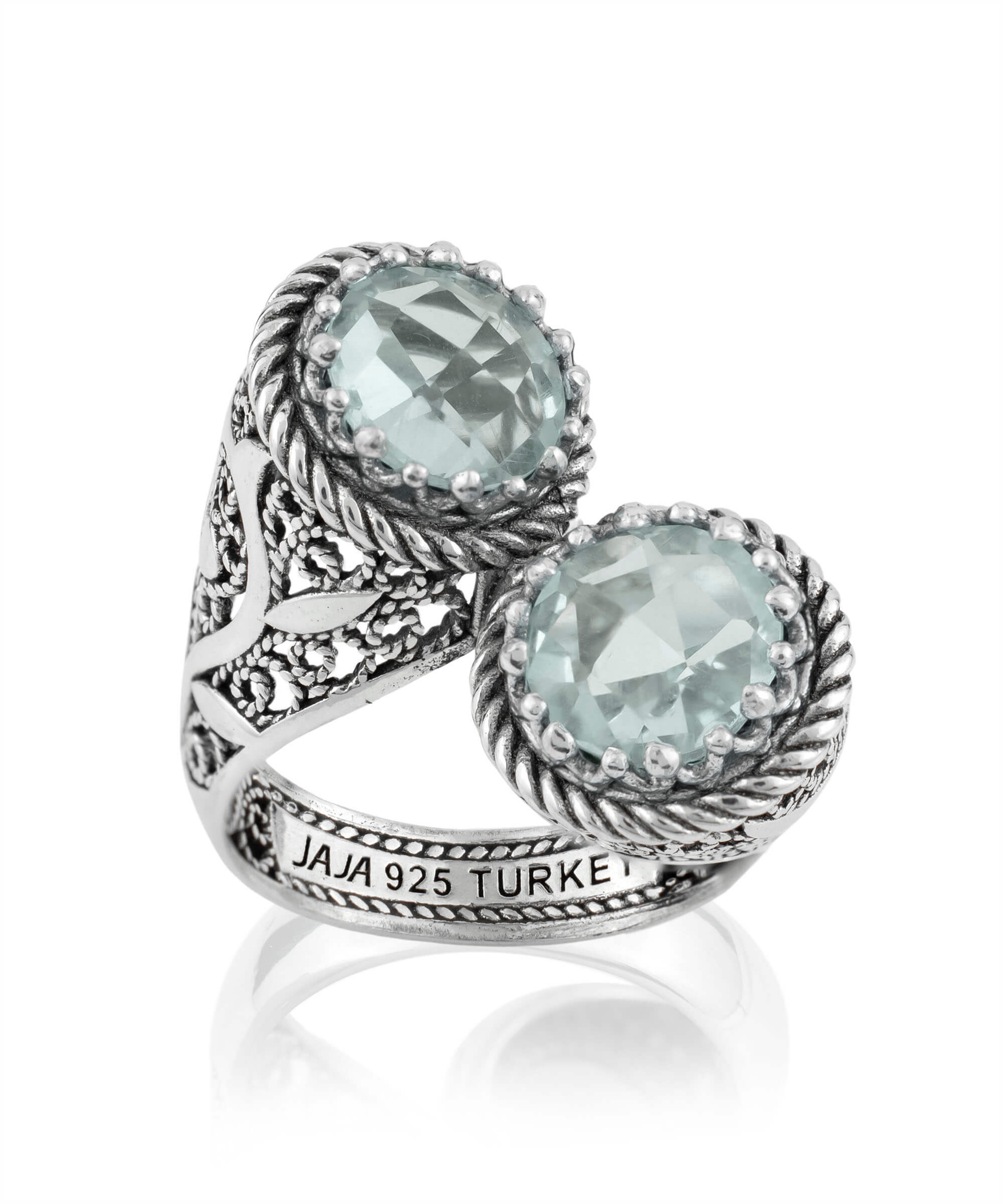 Elegant 925 Sterling Silver Women's Bypass Ring featuring a stunning green amethyst prasiolite gemstone with intricate filigree design.