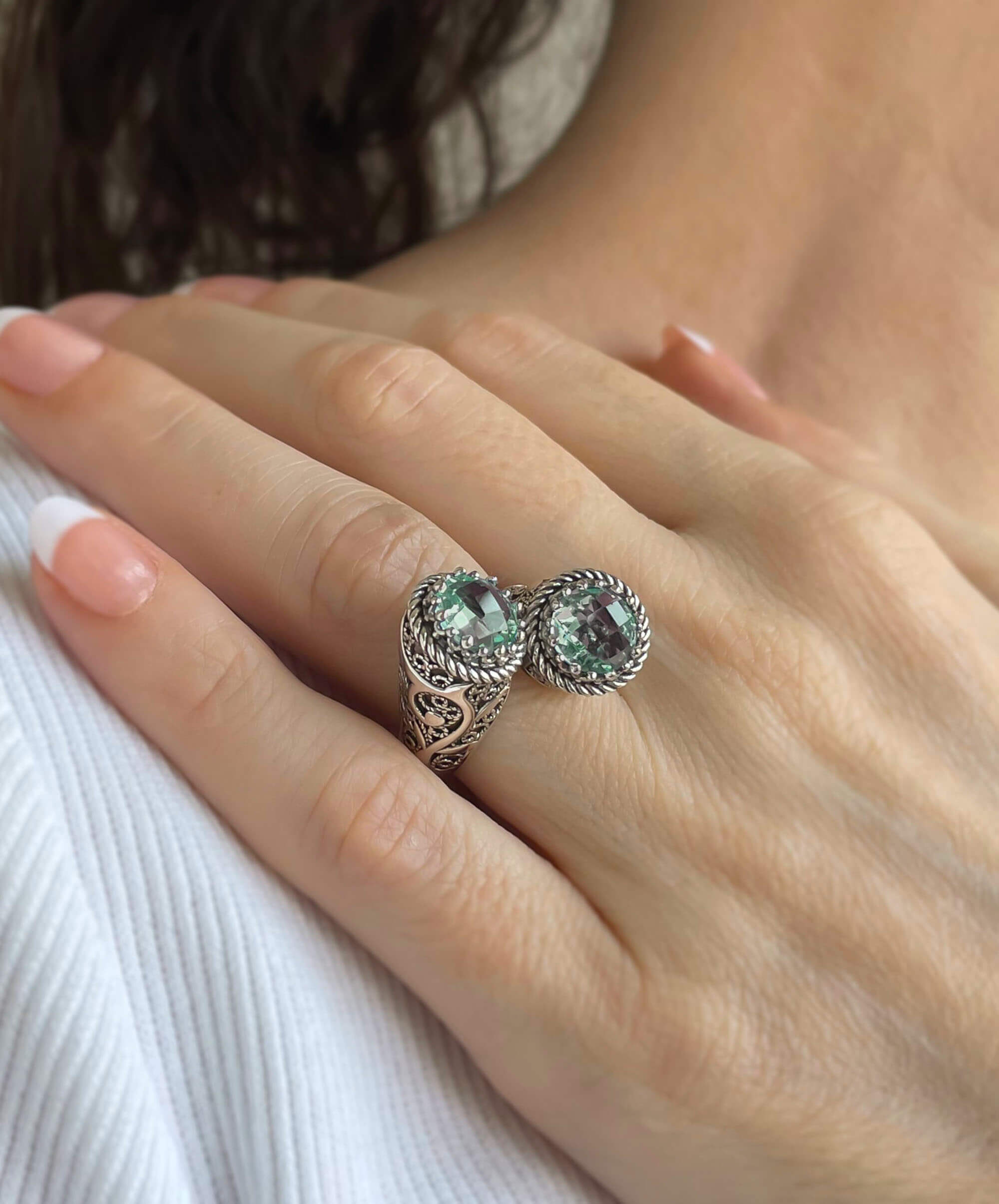 Elegant 925 Sterling Silver Women's Bypass Ring featuring a stunning green amethyst prasiolite gemstone with intricate filigree design.