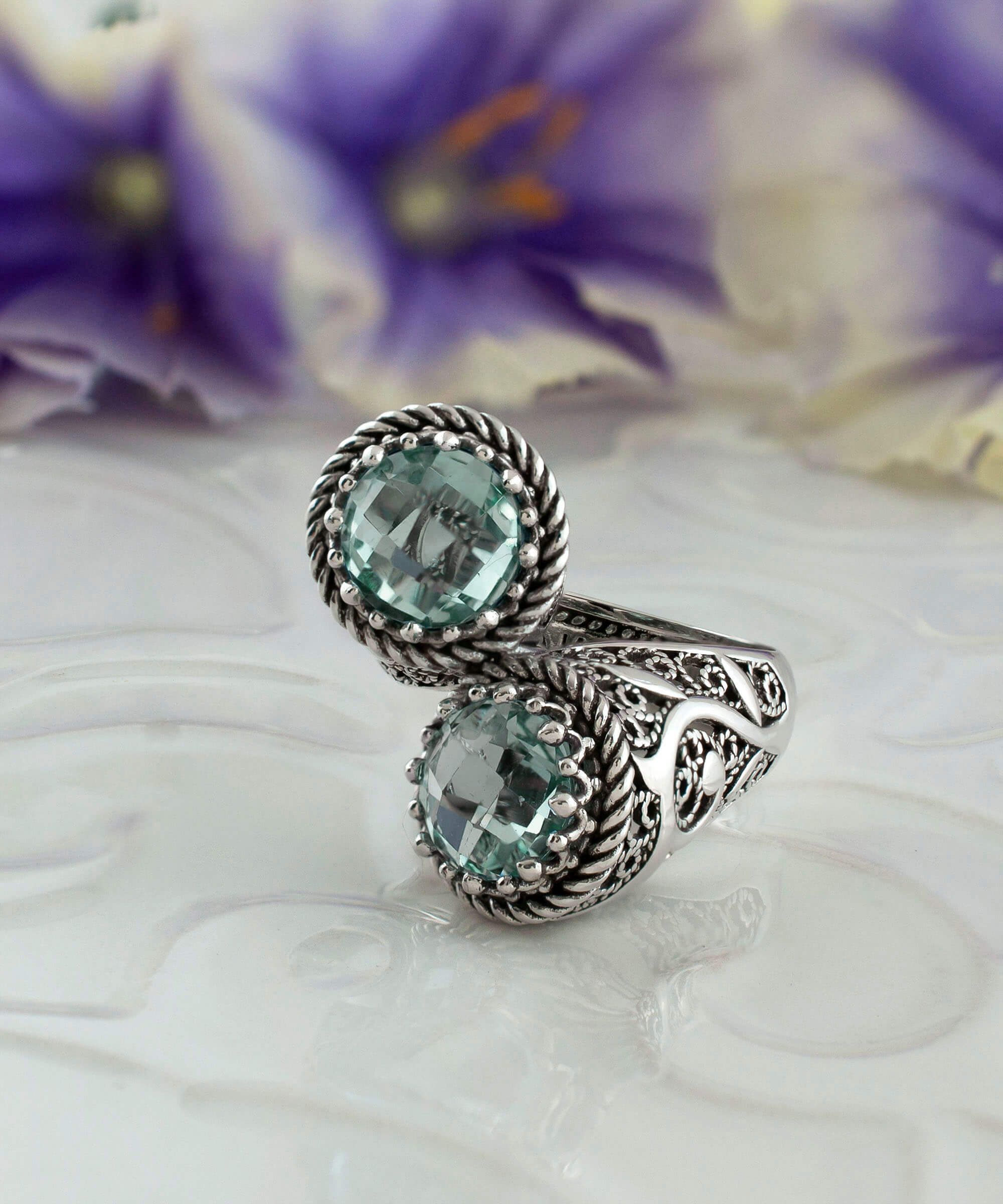 Elegant 925 Sterling Silver Women's Bypass Ring featuring a stunning green amethyst prasiolite gemstone with intricate filigree design.