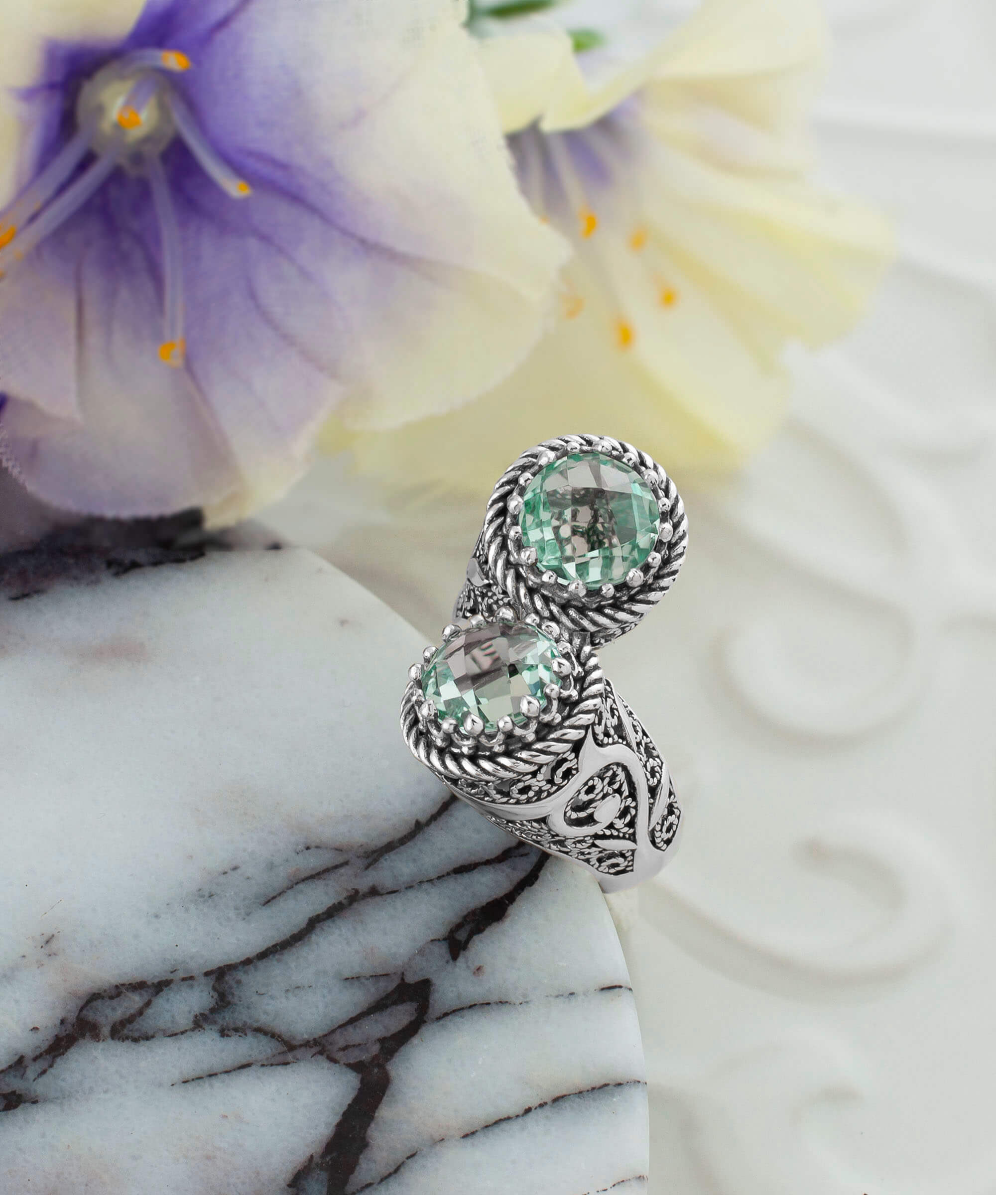 Elegant 925 Sterling Silver Women's Bypass Ring featuring a stunning green amethyst prasiolite gemstone with intricate filigree design.