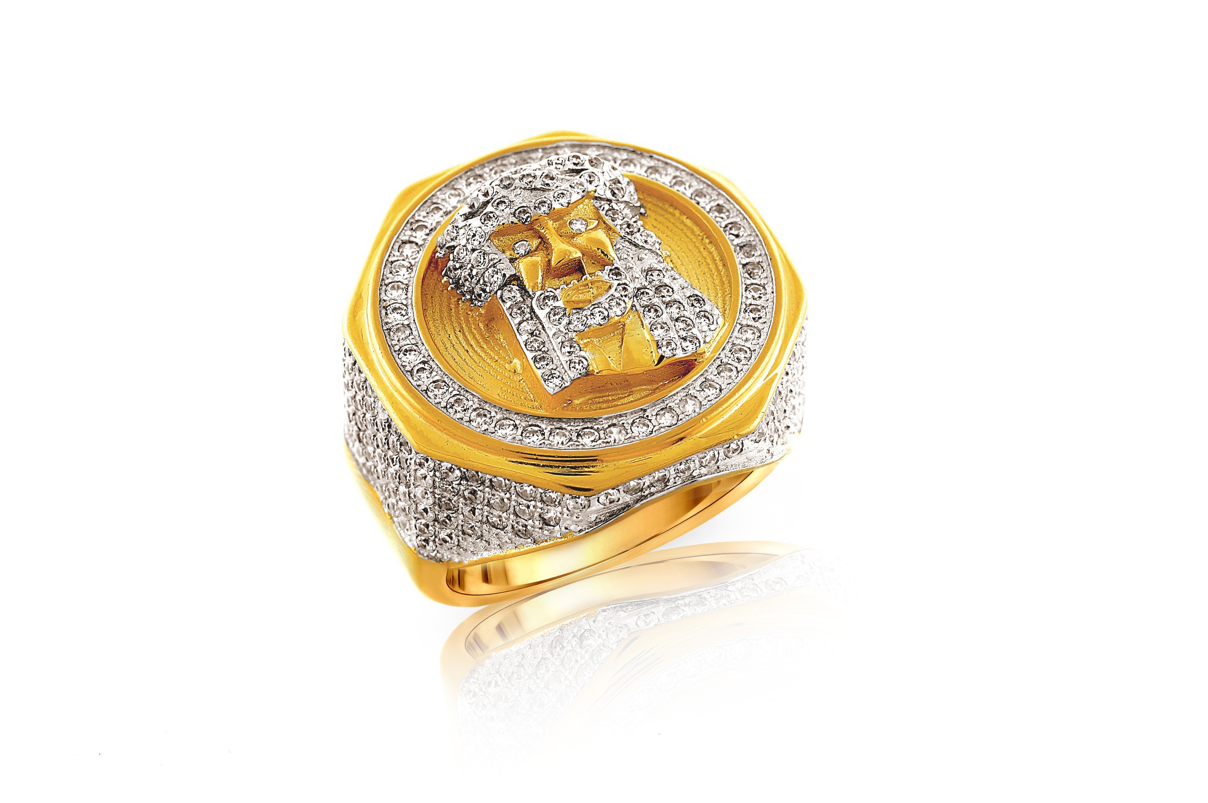 925 Jesus Gold Ring made of pure silver with micropave CZ stones, featuring a rhodium and gold color finish.