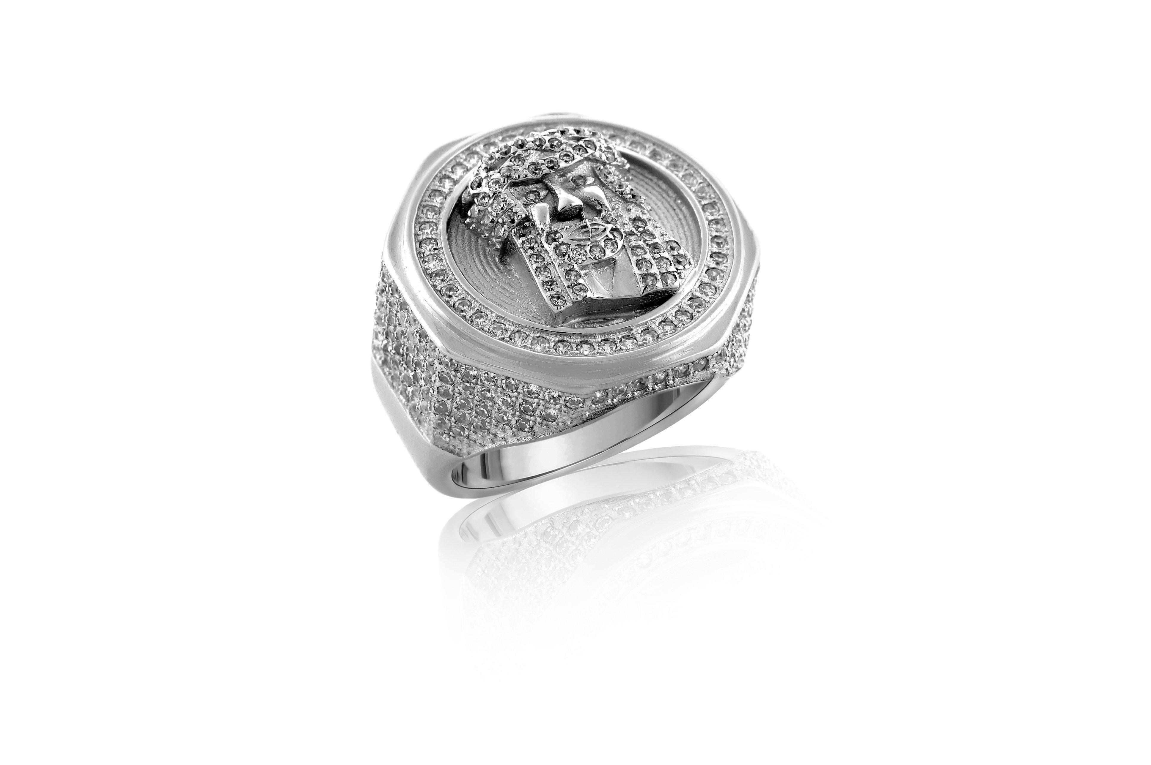 925 Jesus Rhodium Ring made of pure silver with micropave CZ stones, showcasing a luxurious gold and rhodium finish.