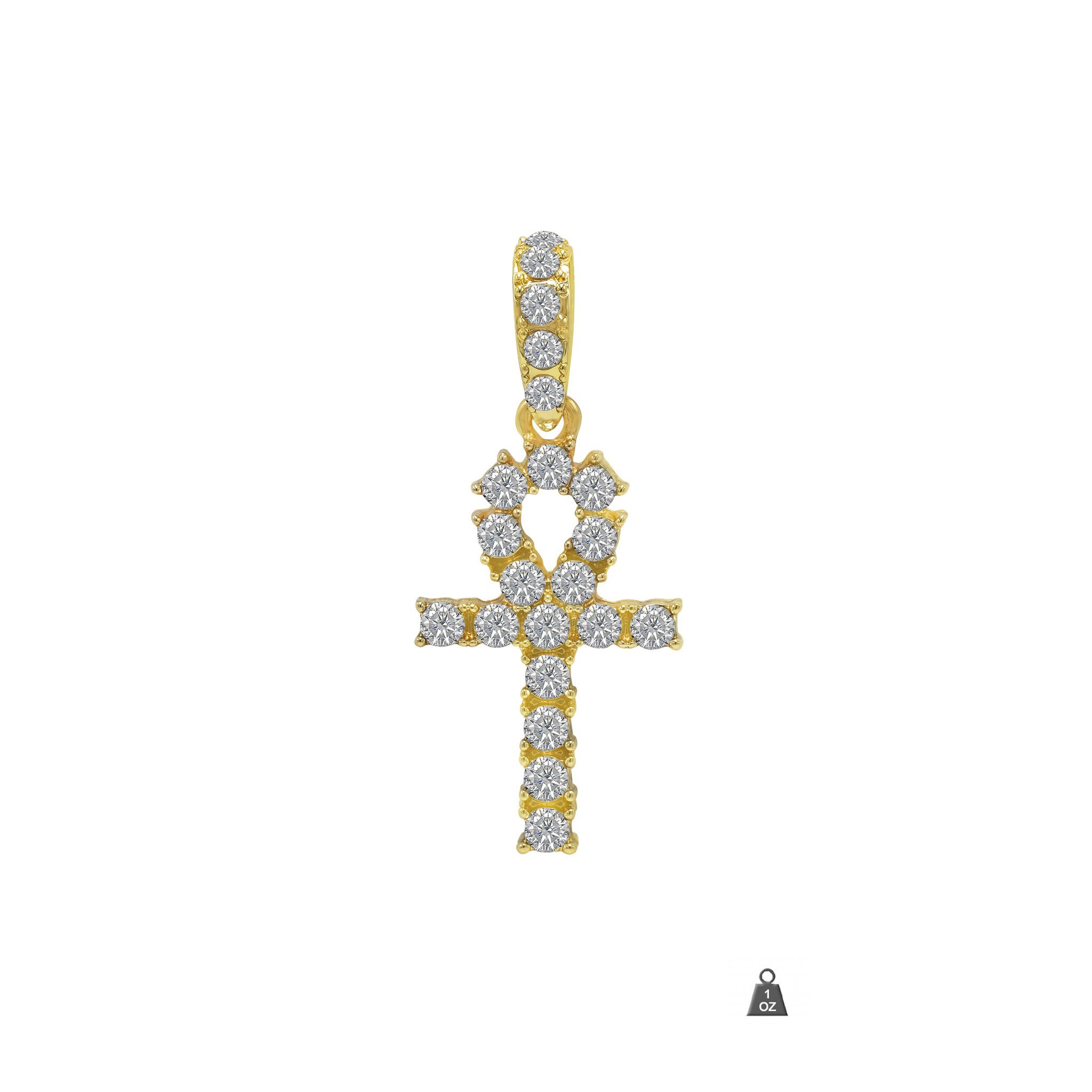 Gold color Ankh pendant with 4mm CZ stone set in brass, showcasing intricate design and sparkling details.