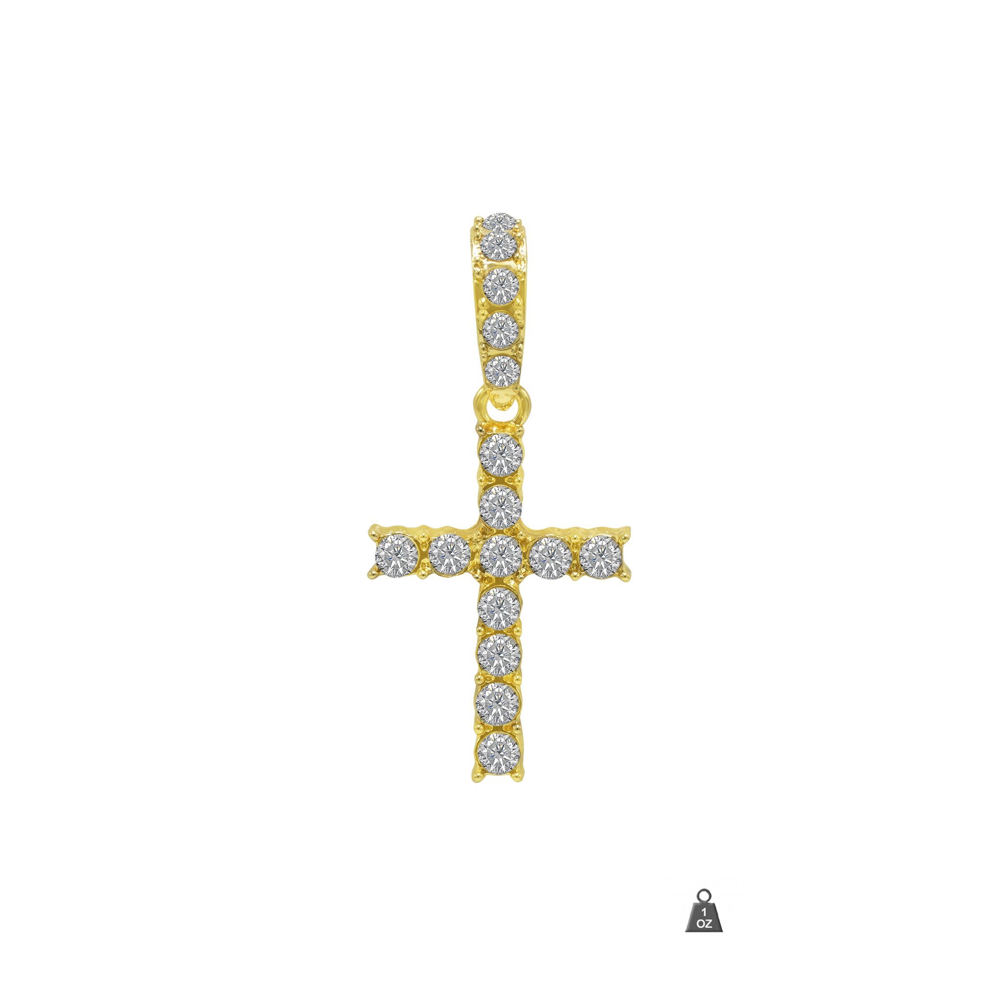 A stunning 4mm gold cross pendant featuring a sparkling crystal, set in durable brass prongset, perfect for elegant occasions.