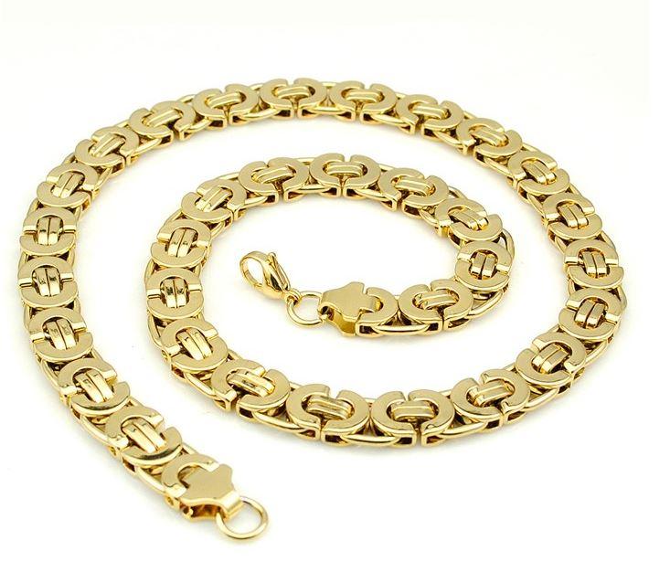 9mm 24 inch Solid Steel Byzentine Chain with matching 8.5 inch bracelet, featuring a lobster lock and 14K yellow gold plating.