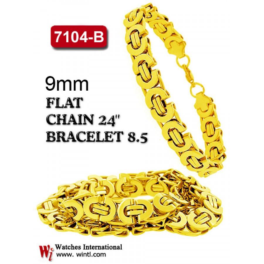 9mm 24 inch Solid Steel Byzentine Chain with matching 8.5 inch bracelet, featuring a lobster lock and 14K yellow gold plating.