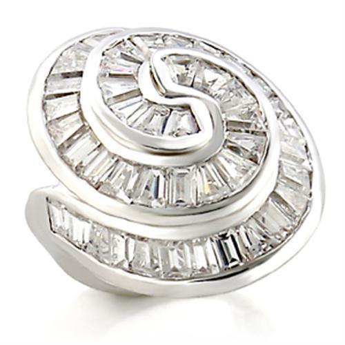 9W019 Rhodium Brass Ring featuring a clear AAA Grade CZ stone, showcasing its elegant design and polished finish.