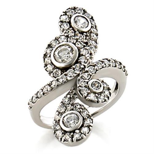 9W097 Rhodium Brass Ring featuring a clear AAA Grade CZ stone, showcasing its elegant design and shiny finish.