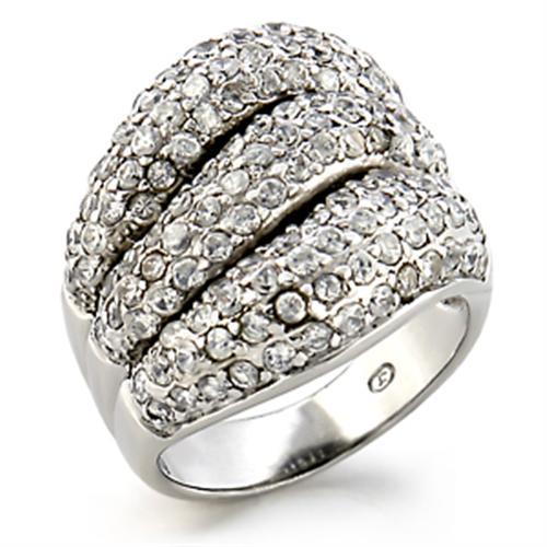 9W123 Rhodium Brass Ring featuring a clear AAA Grade CZ center stone, showcasing its elegant design and luxurious finish.