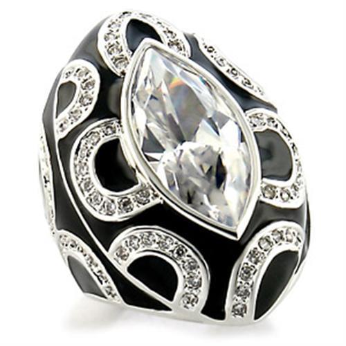 9W160 Rhodium Brass Ring featuring a large clear AAA Grade CZ stone, showcasing its elegant design and shiny finish.