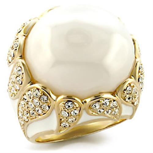 9W183 Gold Brass Ring featuring a large milky CZ stone in white, elegantly designed for a sophisticated look.