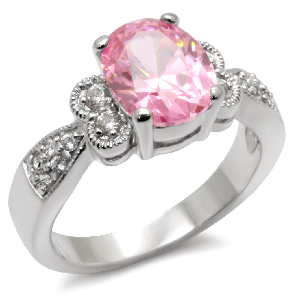 9X045 High-Polished 925 Sterling Silver Ring featuring a rose-colored AAA Grade CZ stone, showcasing its elegant design and shine.