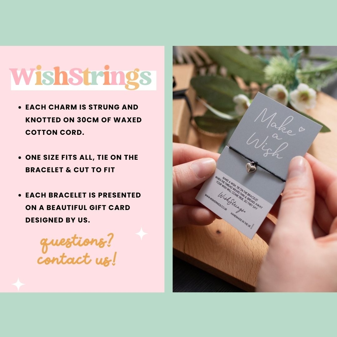 A Big Hug WishStrings Wish Bracelet featuring a heart star-shaped charm on a waxed cotton cord, beautifully presented with an inspirational wish card.