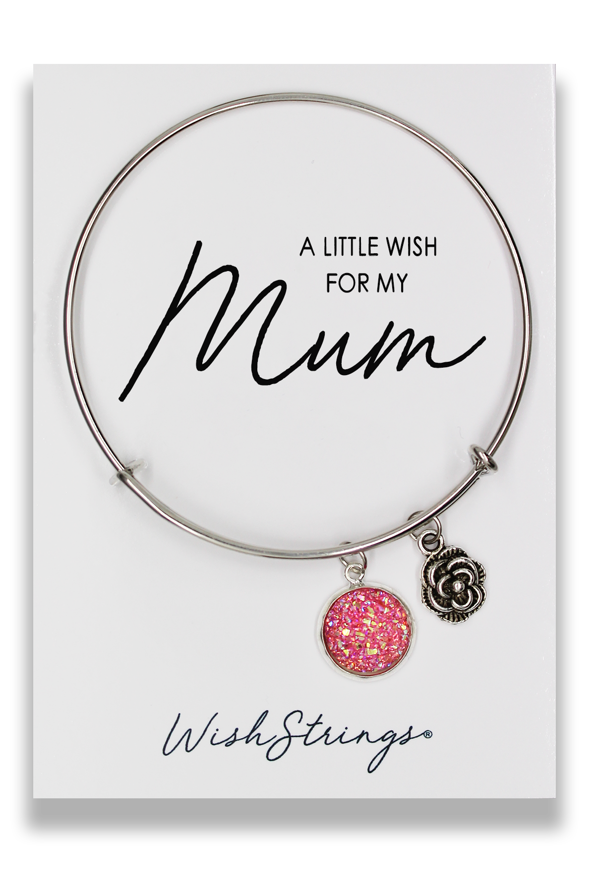 A Little Wish MUM Charm Bangle featuring faux druzy resin and Tibetan charms, adjustable iron design, beautifully presented on a gloss card.