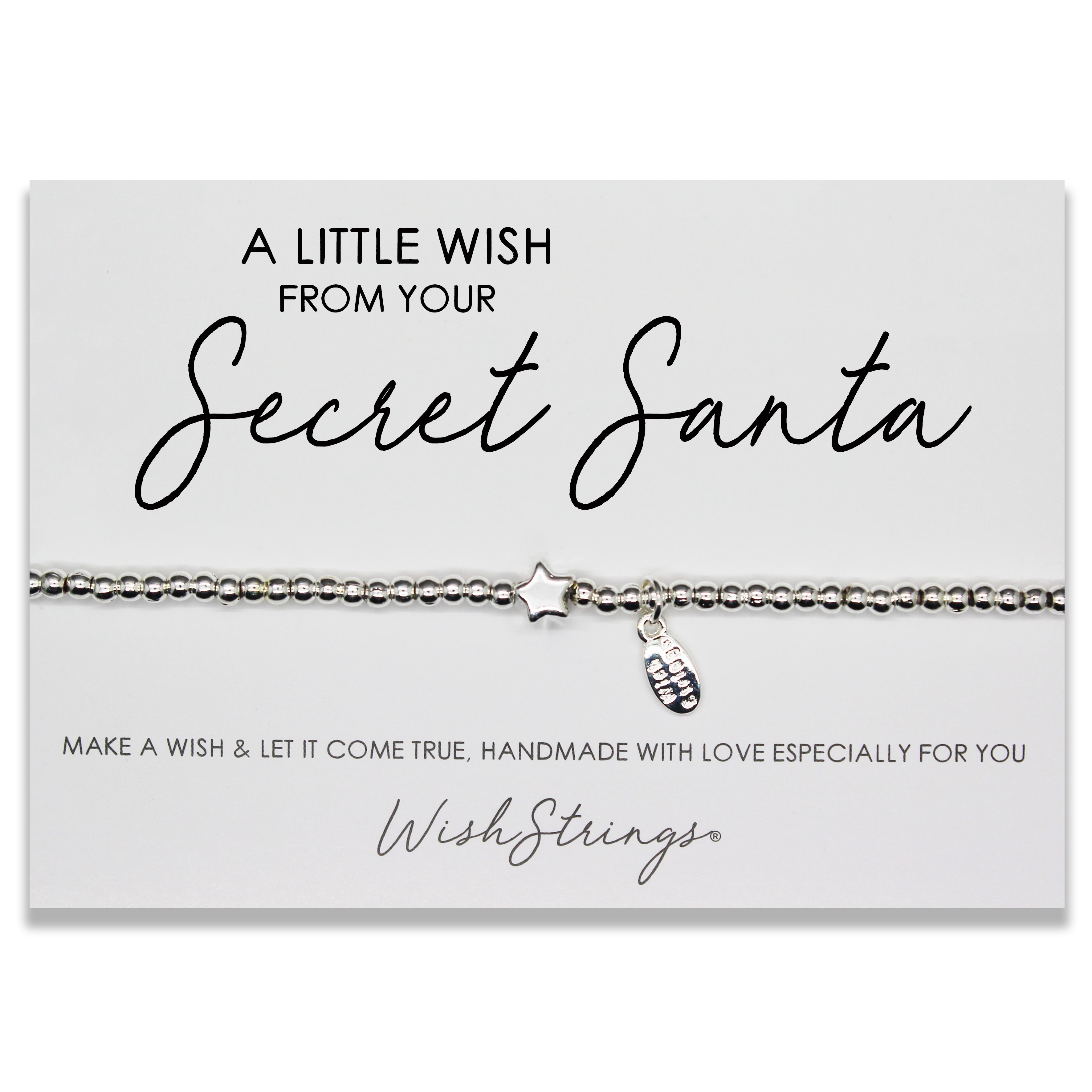 A Little Wish SECRET SANTA Bracelet displayed on a quality C7 card, featuring silver tone beads and an inspirational design.