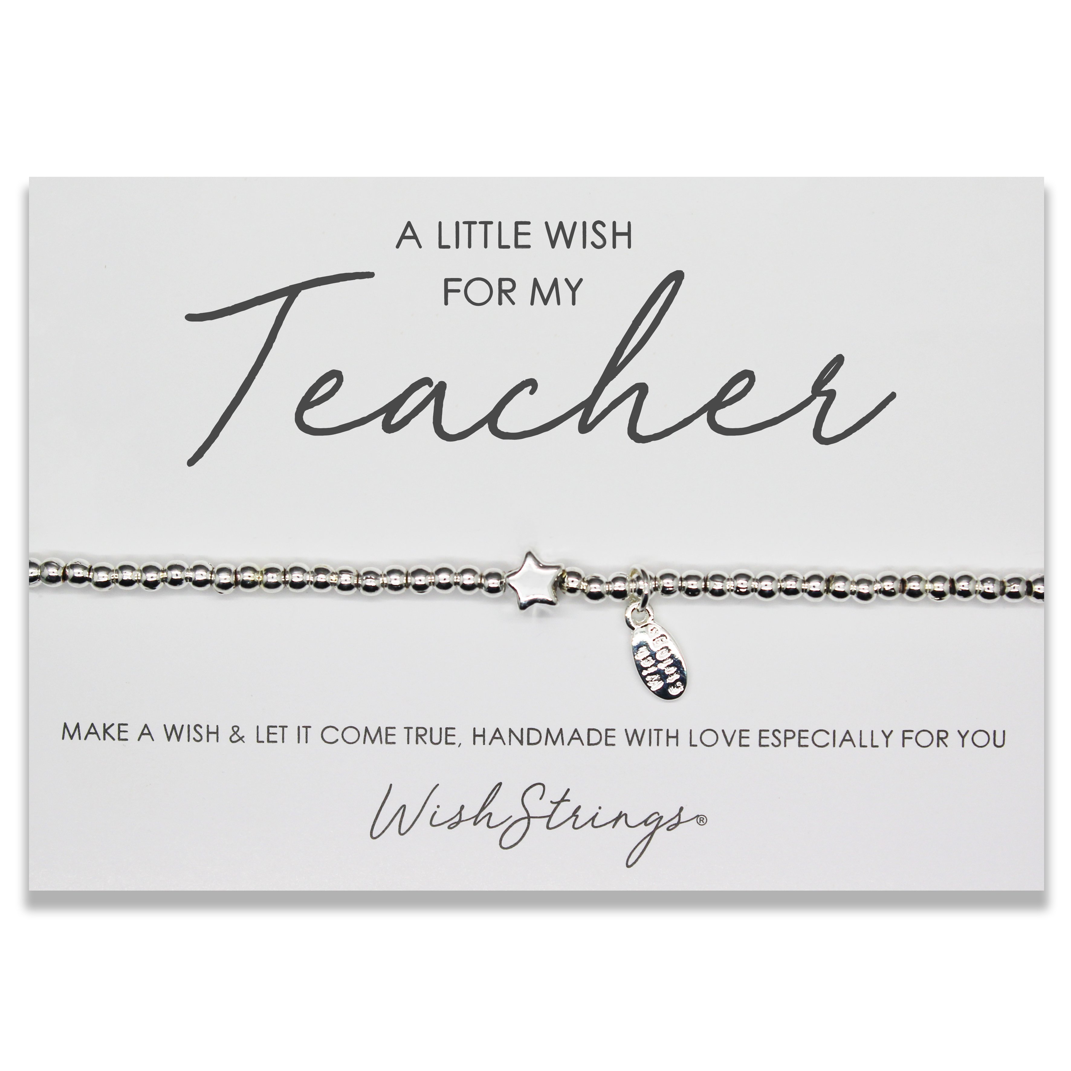 A silver tone beaded charm bracelet designed for teachers, featuring an inspirational card and presented in a clear cellophane envelope.