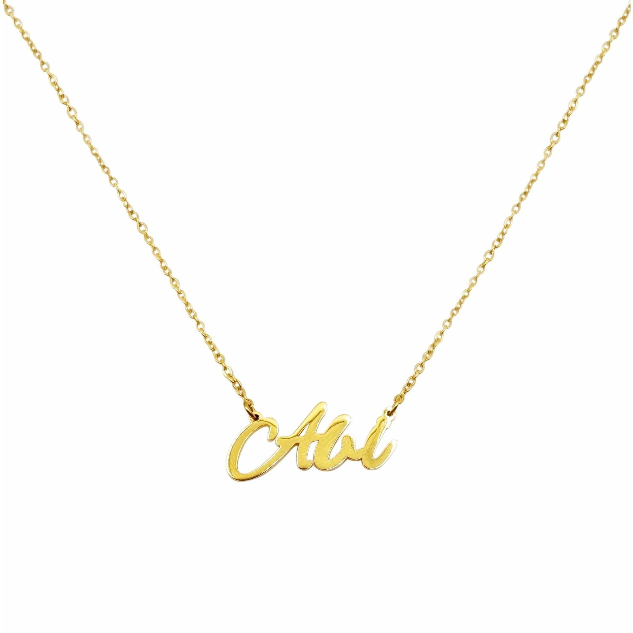 A stylish Abi Name Necklace made of stainless steel with a gold tarnish-free finish, featuring a personalized name design.