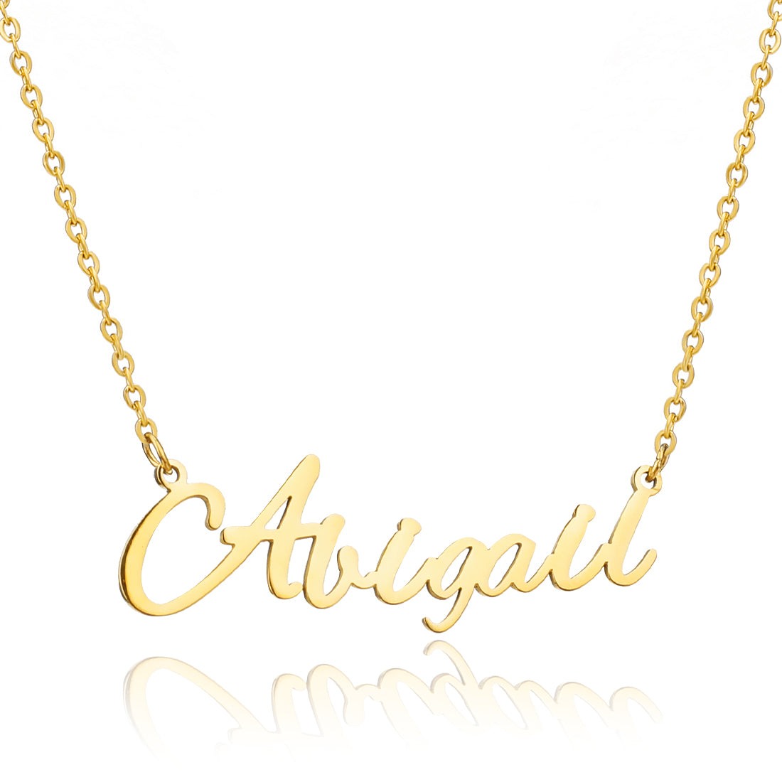 Abigail Name Necklace made of stainless steel with gold plating, featuring an elegant design and adjustable chain.