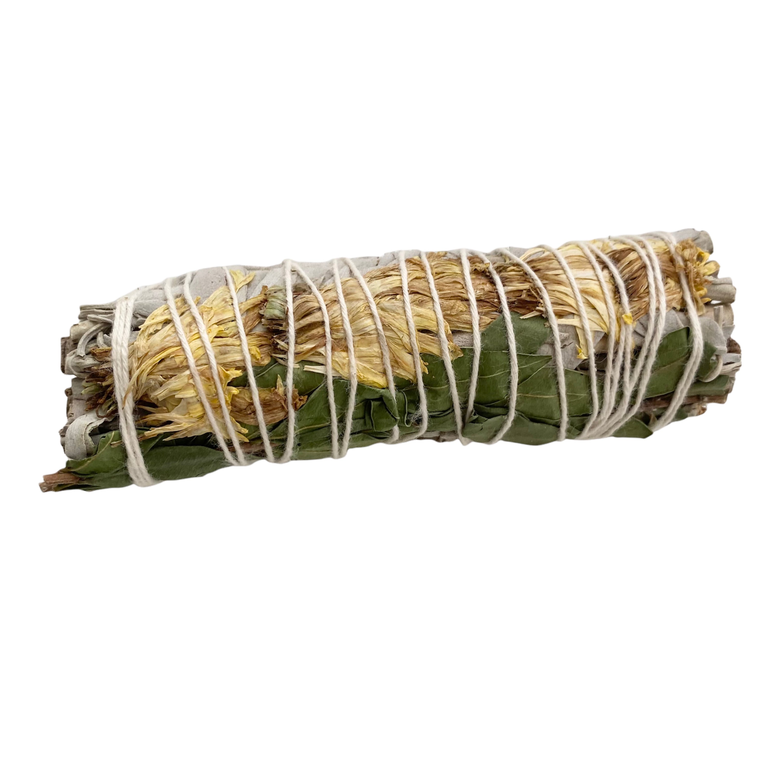 Abundance Botanical Smudge Stick made with white sage, yellow mini daisy flowers, and green mirton leaves, designed for wealth manifestation.