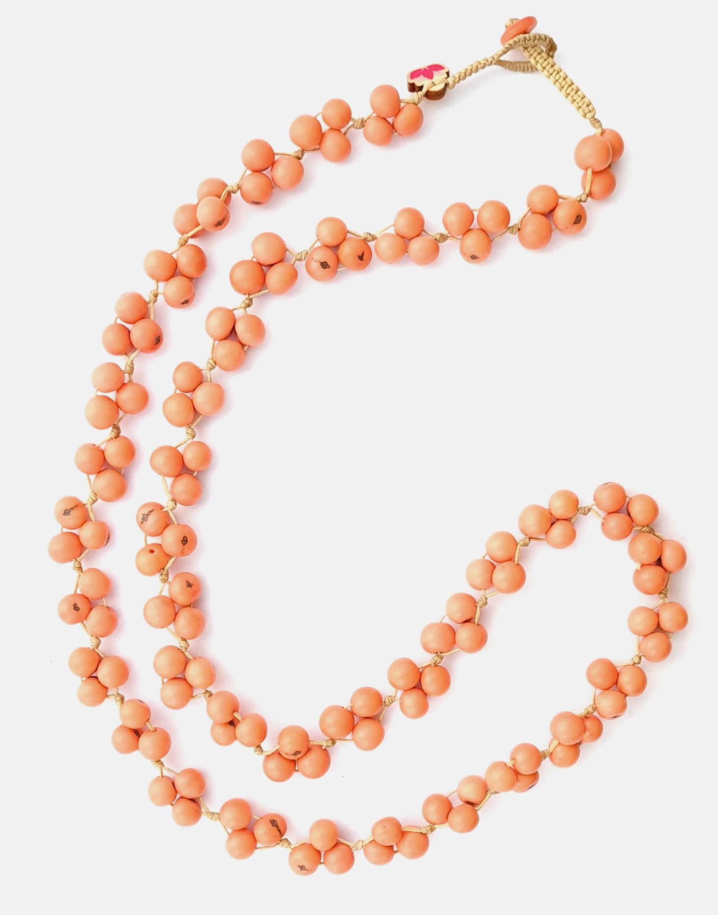 Acai Berry Long Necklace featuring warm colours, handmade with organic acai seeds, showcasing a lightweight and delicate design.