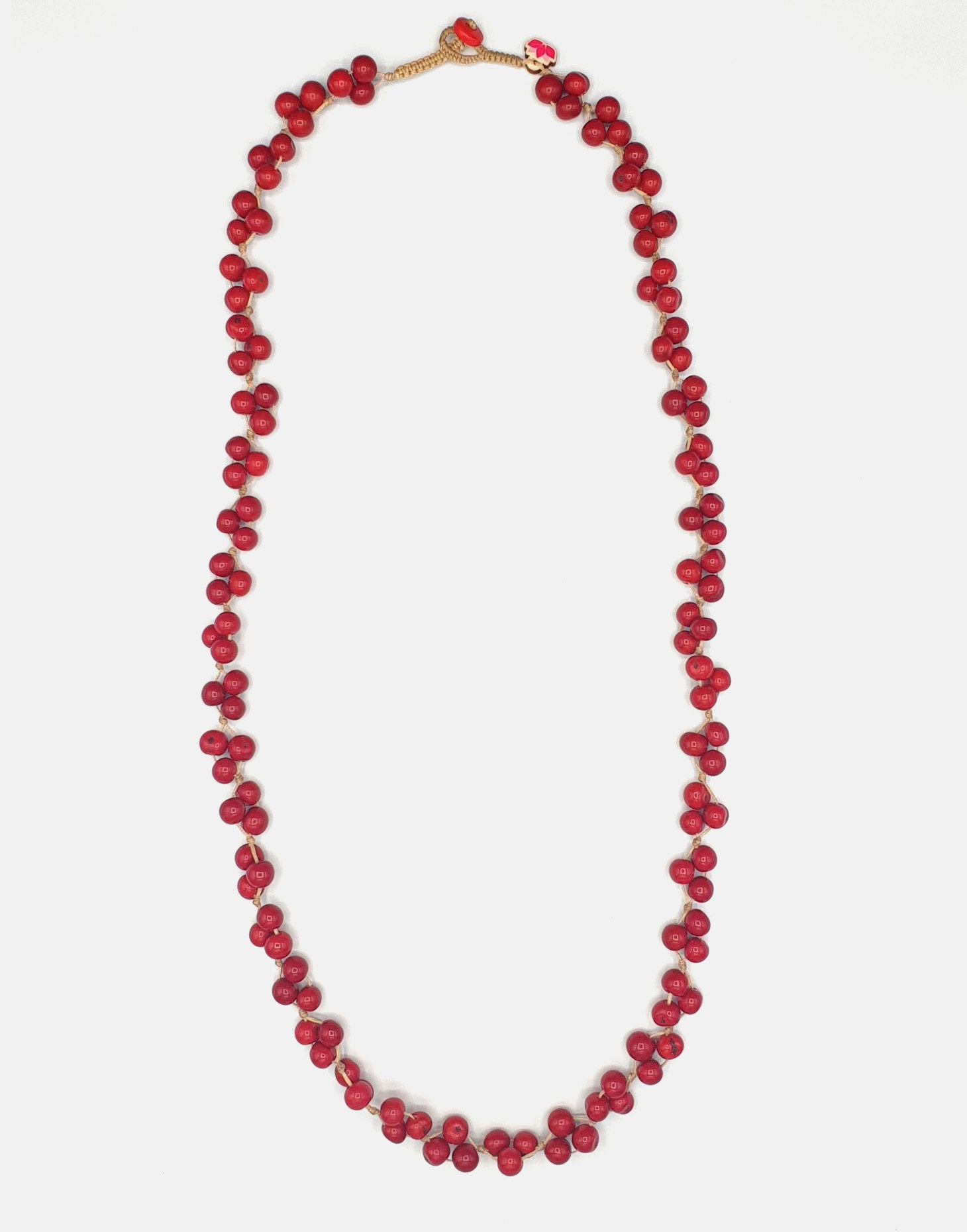 Acai Berry Long Necklace featuring warm colours, handmade with organic acai seeds, showcasing a lightweight and delicate design.