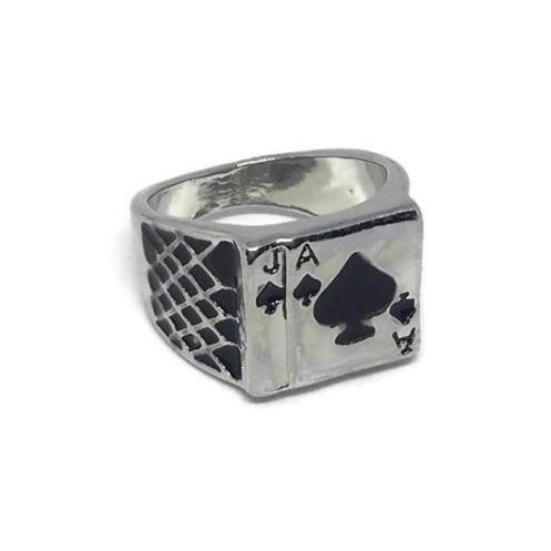 Ace of Spades Signet Ring made of platinum plated steel alloy with black enamel finish, showcasing a bold and elegant design.