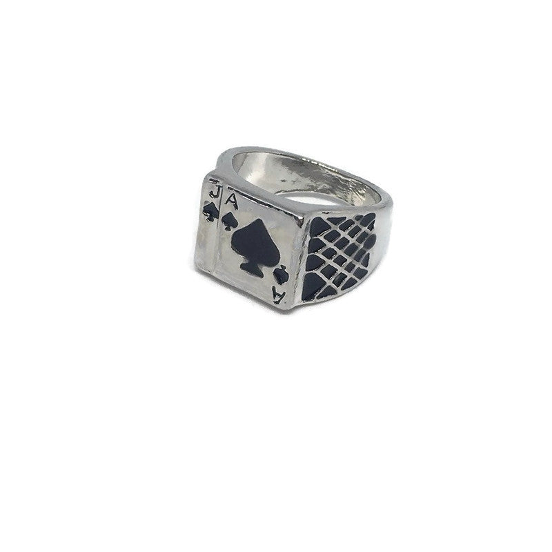 Ace of Spades Signet Ring made of platinum plated steel alloy with black enamel finish, showcasing a bold and elegant design.