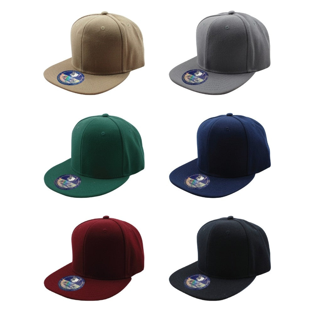 A pack of six stylish acrylic snapback hats in various colors, featuring a high profile and flat visor design.