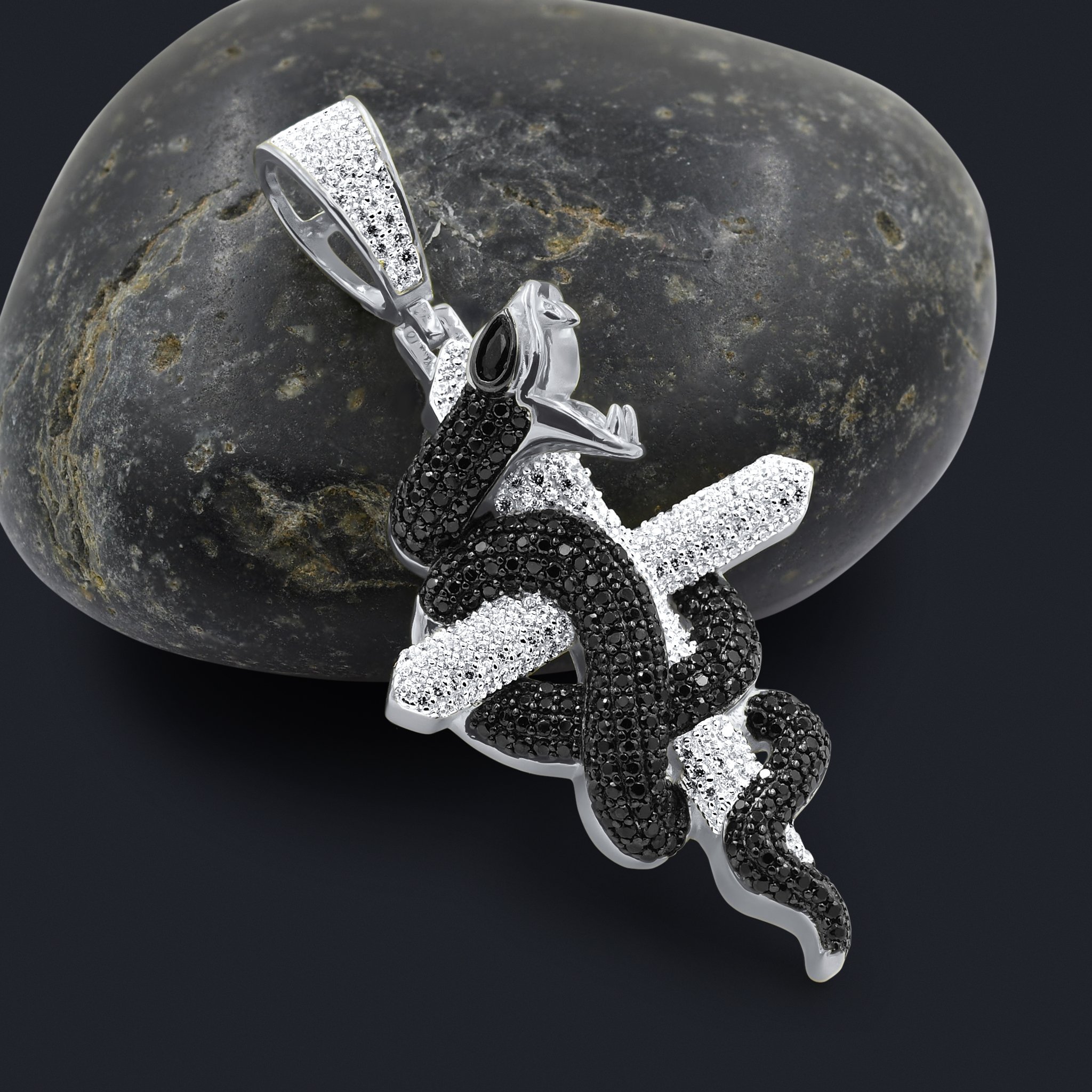 ADDER BLING PENDANT featuring a venomous snake design on a cross, crafted from 925 sterling silver with cubic zircon stones.