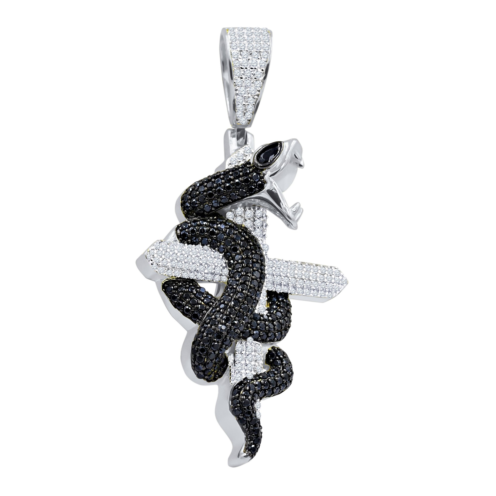 ADDER BLING PENDANT featuring a venomous snake design on a cross, crafted from 925 sterling silver with cubic zircon stones.