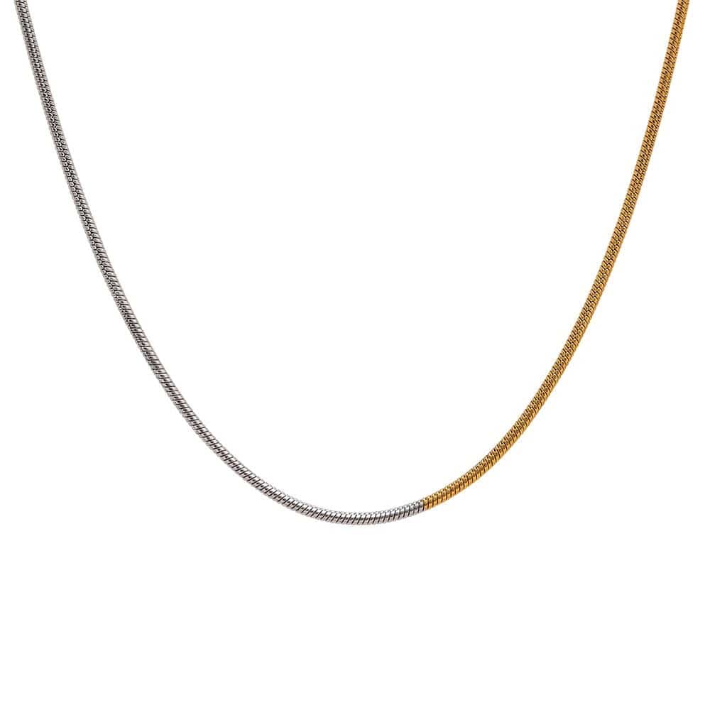 Adina two tone gold chain featuring rich gold and silver tones, adjustable length, and elegant design, perfect for layering or standalone wear.