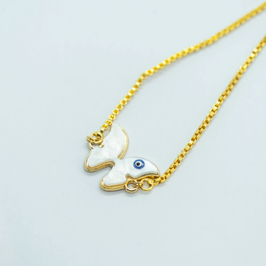 Adjustable Butterfly Evil Eye Bracelet featuring a white butterfly charm and blue evil eye on a gold chain, symbolizing protection and transformation.