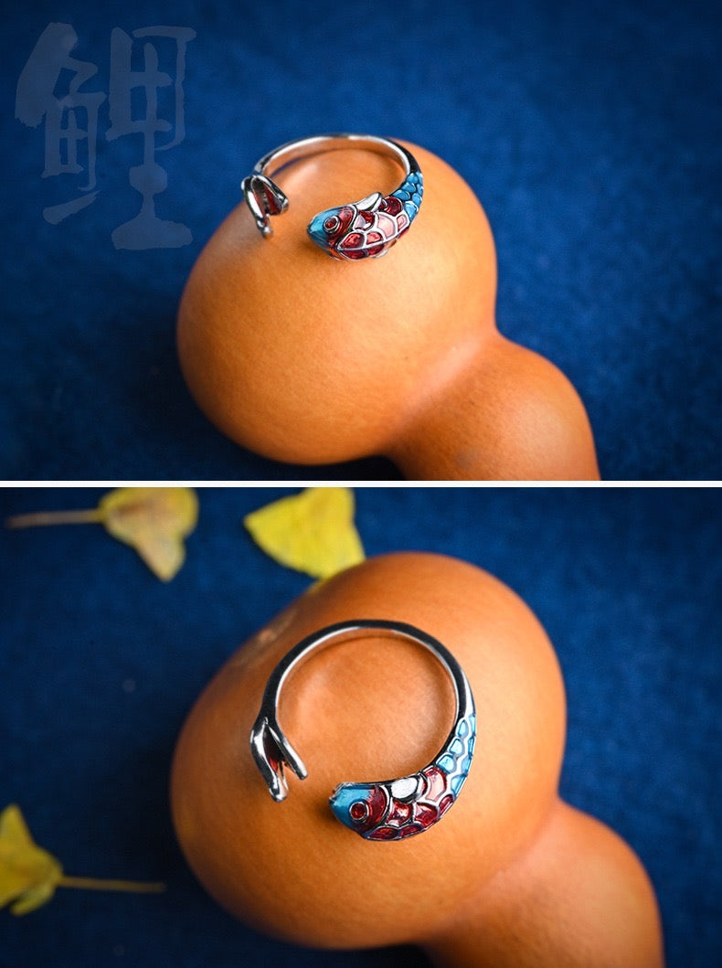 Adjustable Enamel Koi Bring Luck Open Ring featuring a vibrant koi fish design in colorful enamel on a copper base.