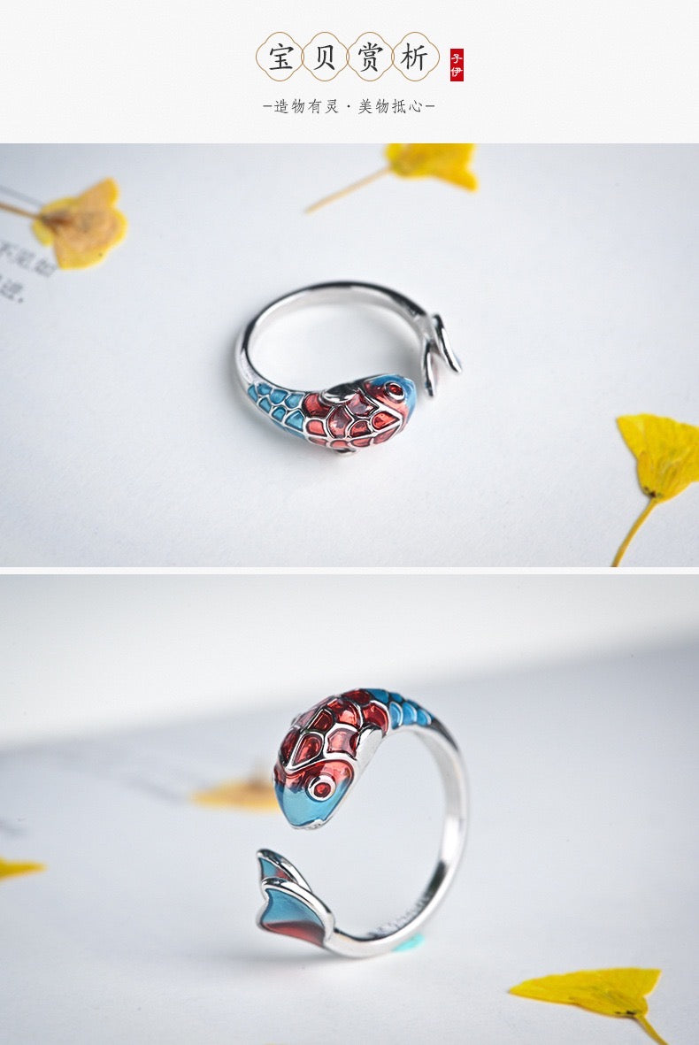 Adjustable Enamel Koi Bring Luck Open Ring featuring a vibrant koi fish design in colorful enamel on a copper base.