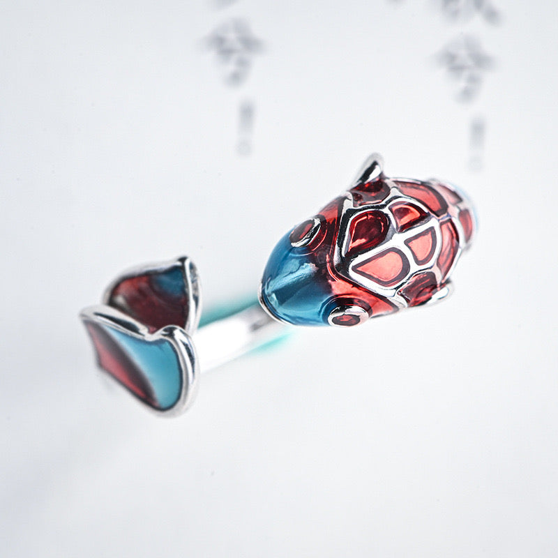 Adjustable Enamel Koi Bring Luck Open Ring featuring a vibrant koi fish design in colorful enamel on a copper base.