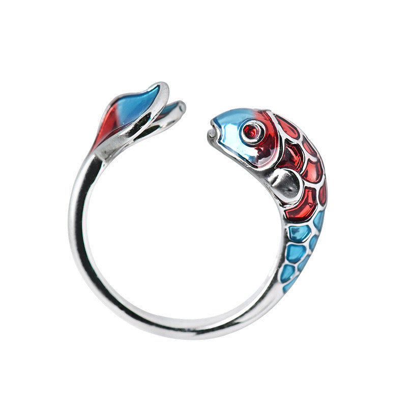 Adjustable Enamel Koi Bring Luck Open Ring featuring a vibrant koi fish design in colorful enamel on a copper base.