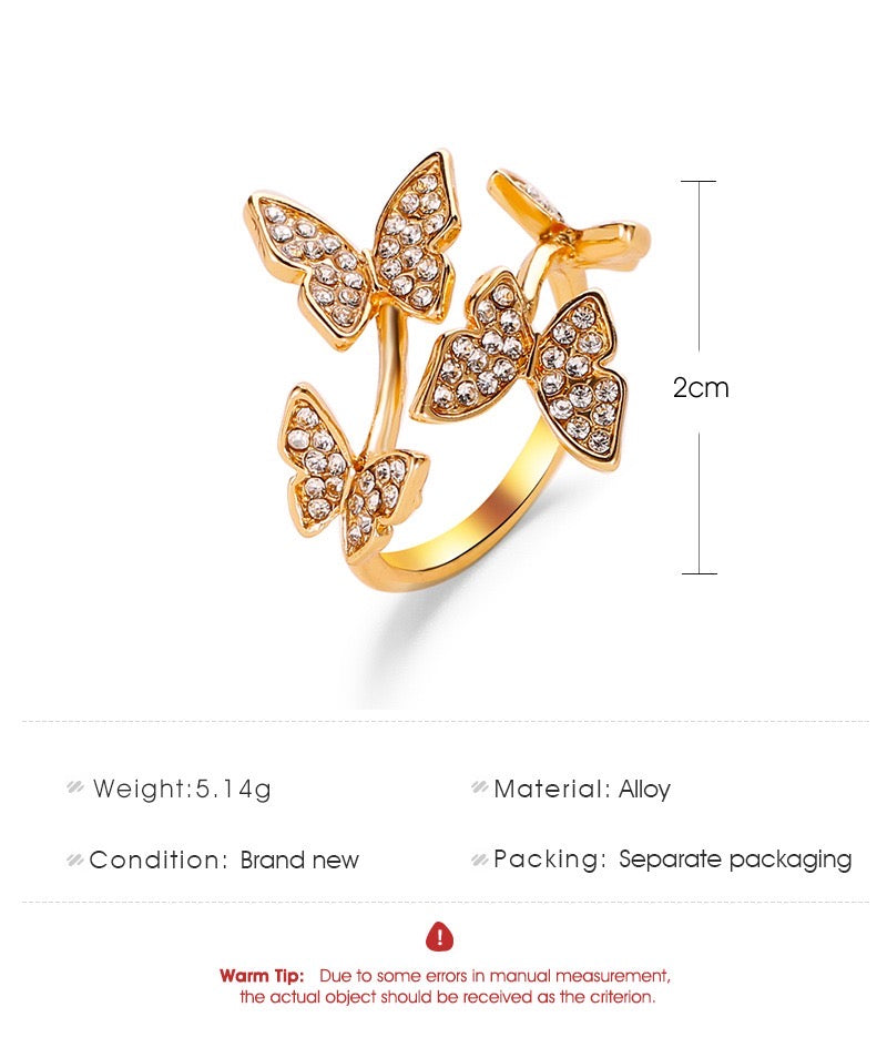 A stylish adjustable ring featuring four intricately designed butterflies made from durable alloy.