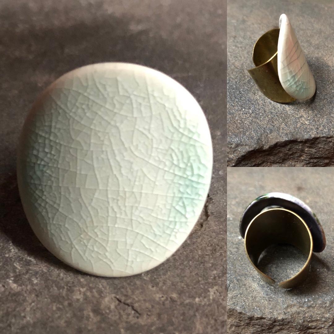 Adjustable Handmade Original Ceramic Band Statement Cocktail Ring featuring a dramatic glazed ceramic top and bronze adjustable base.