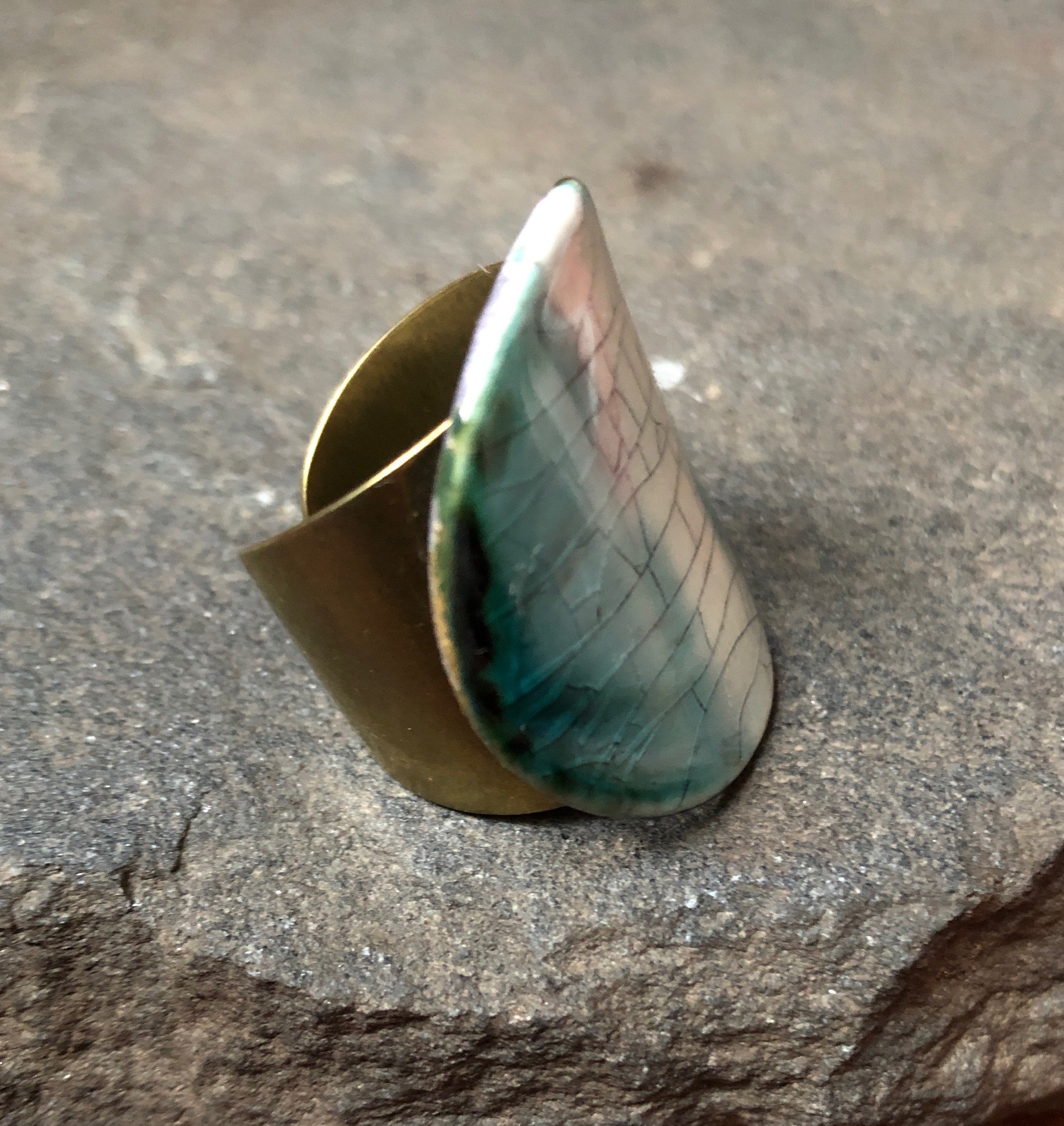 Adjustable Handmade Original Ceramic Band Statement Cocktail Ring featuring a dramatic glazed ceramic top and bronze adjustable base.