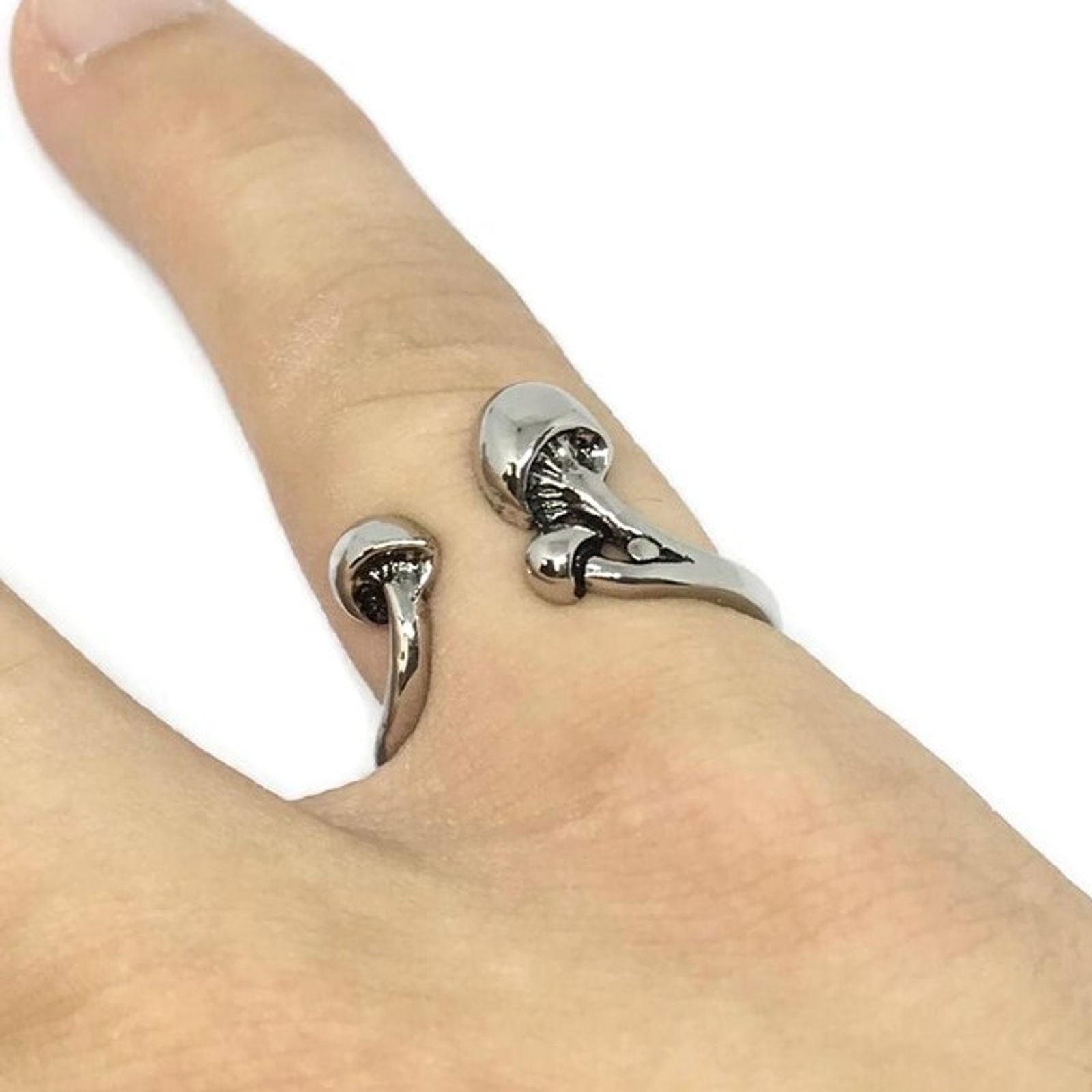 Adjustable Magic Mushroom Band Ring made of sterling silver plated steel alloy, featuring a whimsical mushroom design, suitable for all finger sizes.