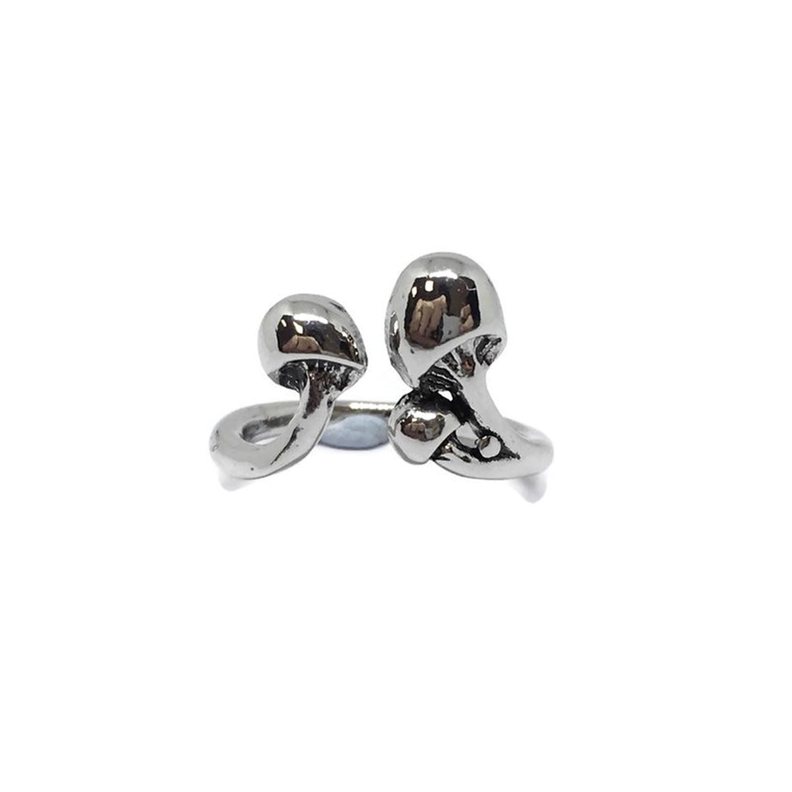 Adjustable Magic Mushroom Band Ring made of sterling silver plated steel alloy, featuring a whimsical mushroom design, suitable for all finger sizes.