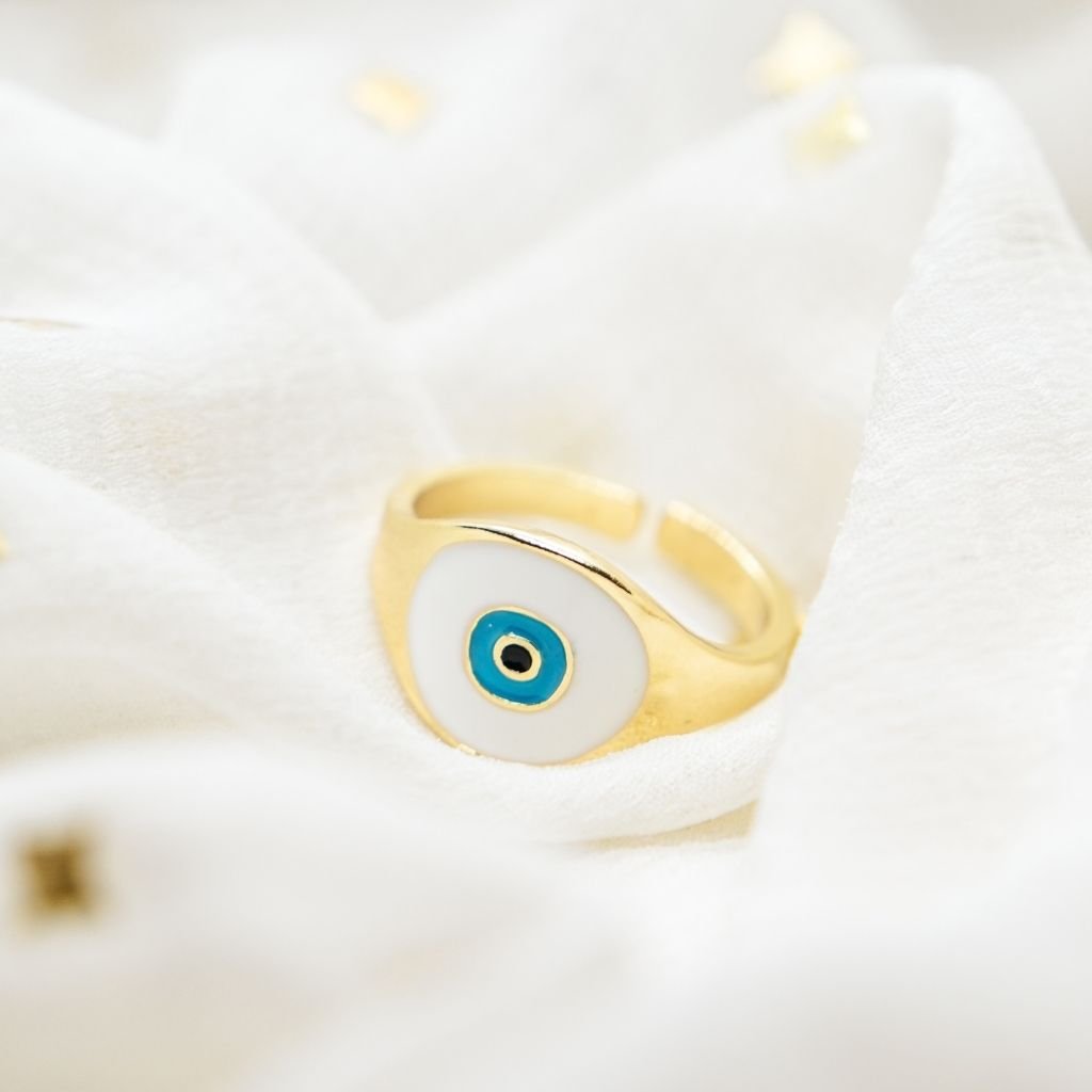 Adjustable Minimalist Devil Turkish Evil Eye Ring in blue and white, showcasing its boho style and protective charm.