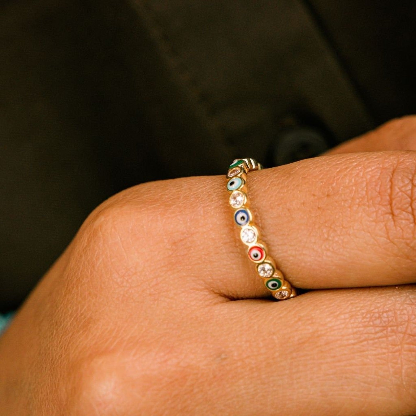 Adjustable Multicolour Minimalist Slim Stacking Evil Eye Band Ring featuring sparkling stones and a durable metal alloy in silver and gold options.