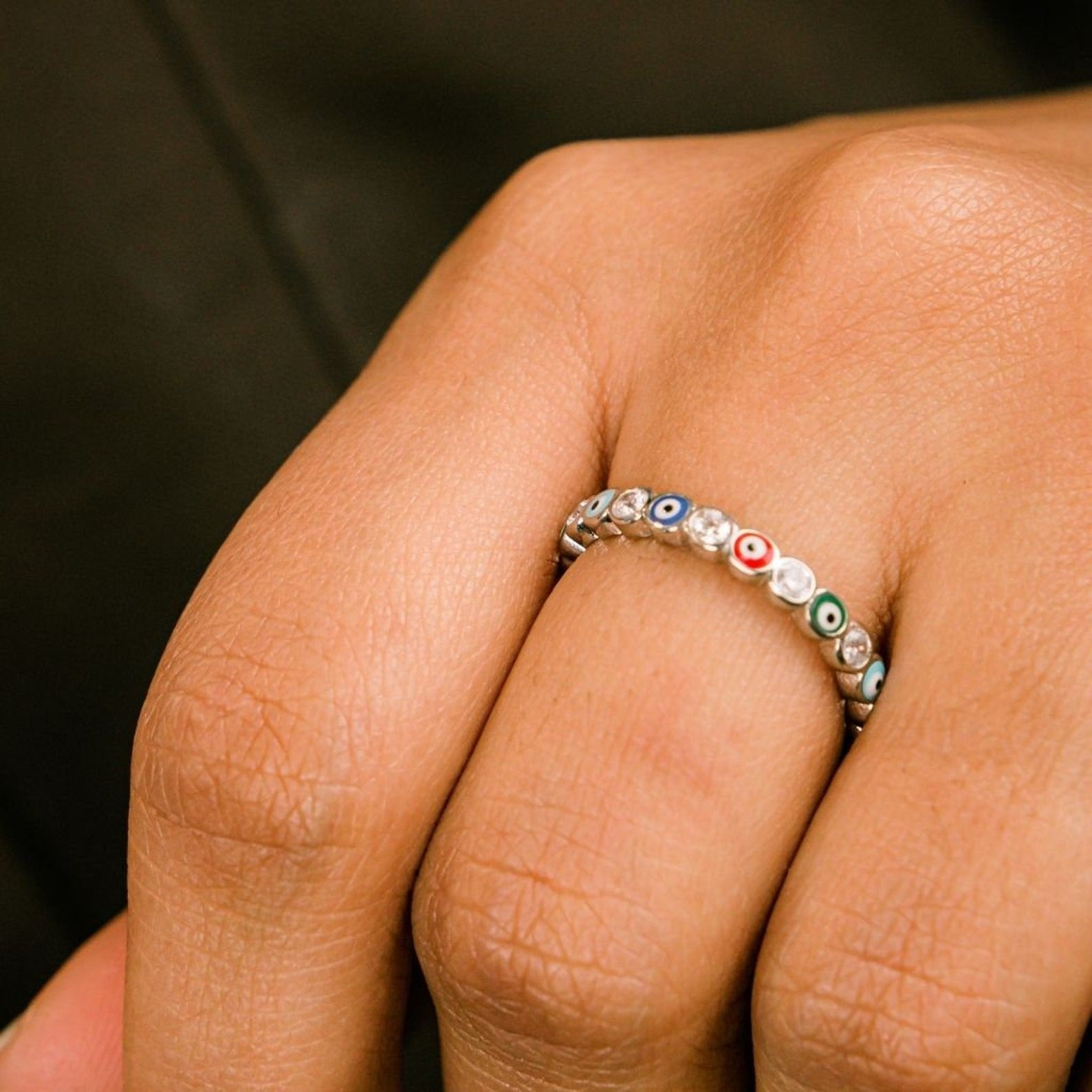 Adjustable Multicolour Minimalist Slim Stacking Evil Eye Band Ring featuring sparkling stones and a durable metal alloy in silver and gold options.